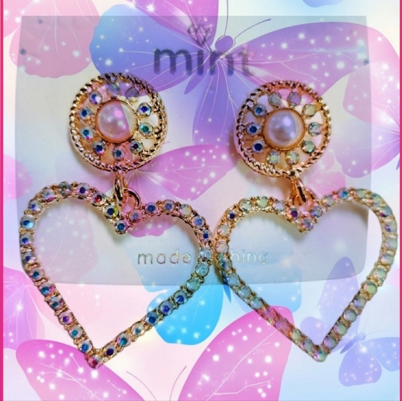 Mint Rhinestone Heart Dangle Earrings - Picture 2 of 5